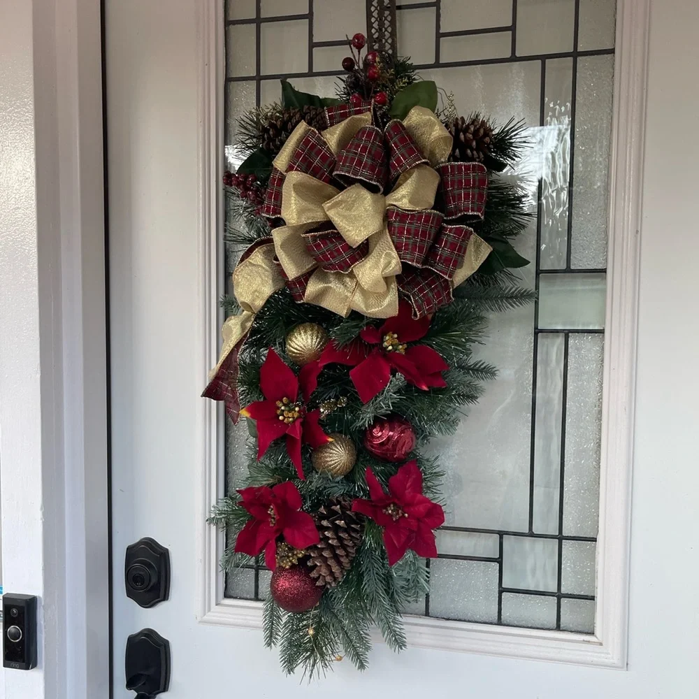 **Burgundy Poinsettia Christmas Teardrop Swag Wreath Front door